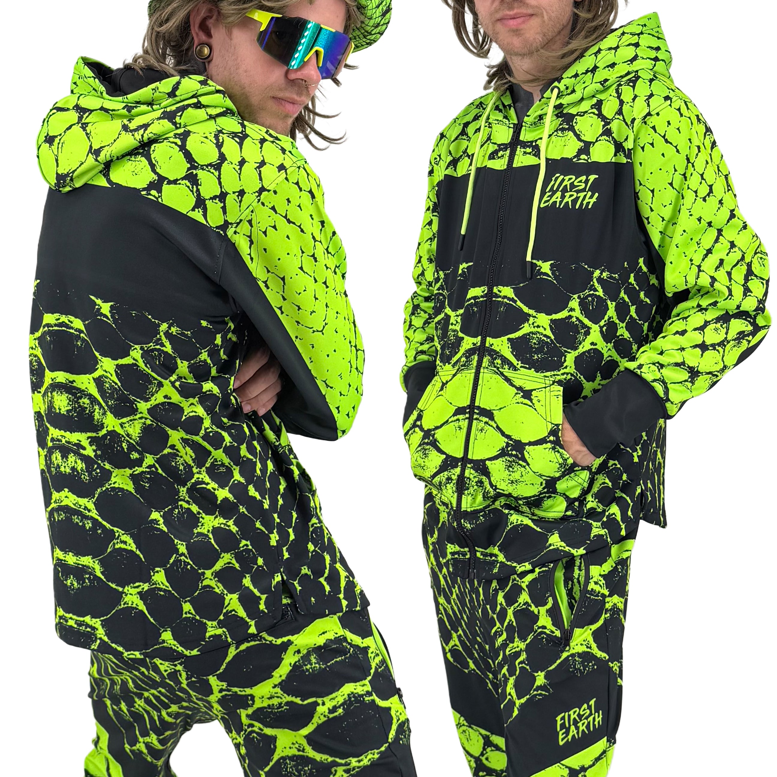 Neon Serpent UV zip‑up hoodie by First Earth – rave-ready hoodie with glowing serpent design under blacklight, thumb holes, and scoop hem for flow-friendly movement 
