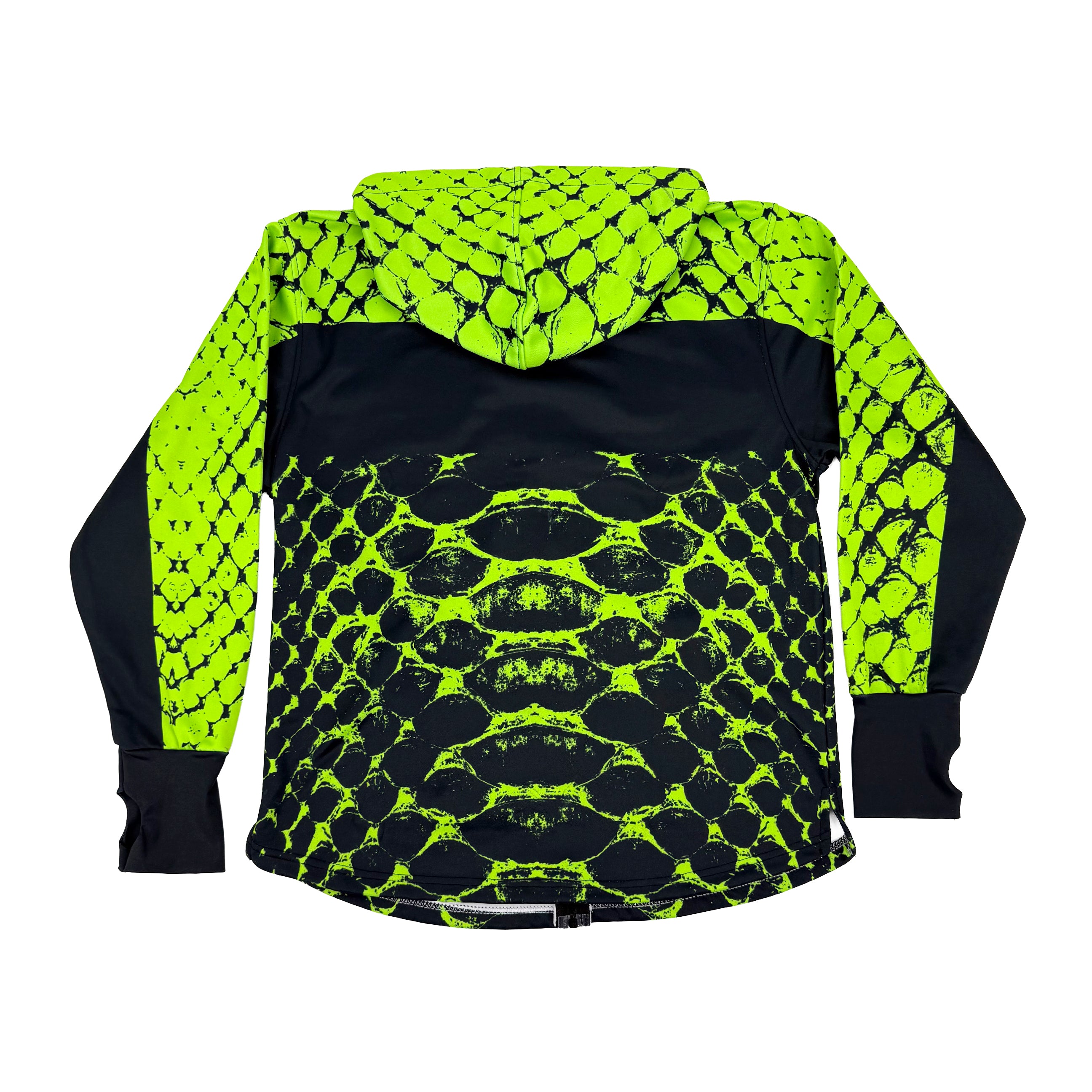 Neon Serpent UV zip‑up hoodie by First Earth – rave-ready hoodie with glowing serpent design under blacklight, thumb holes, and scoop hem for flow-friendly movement 
