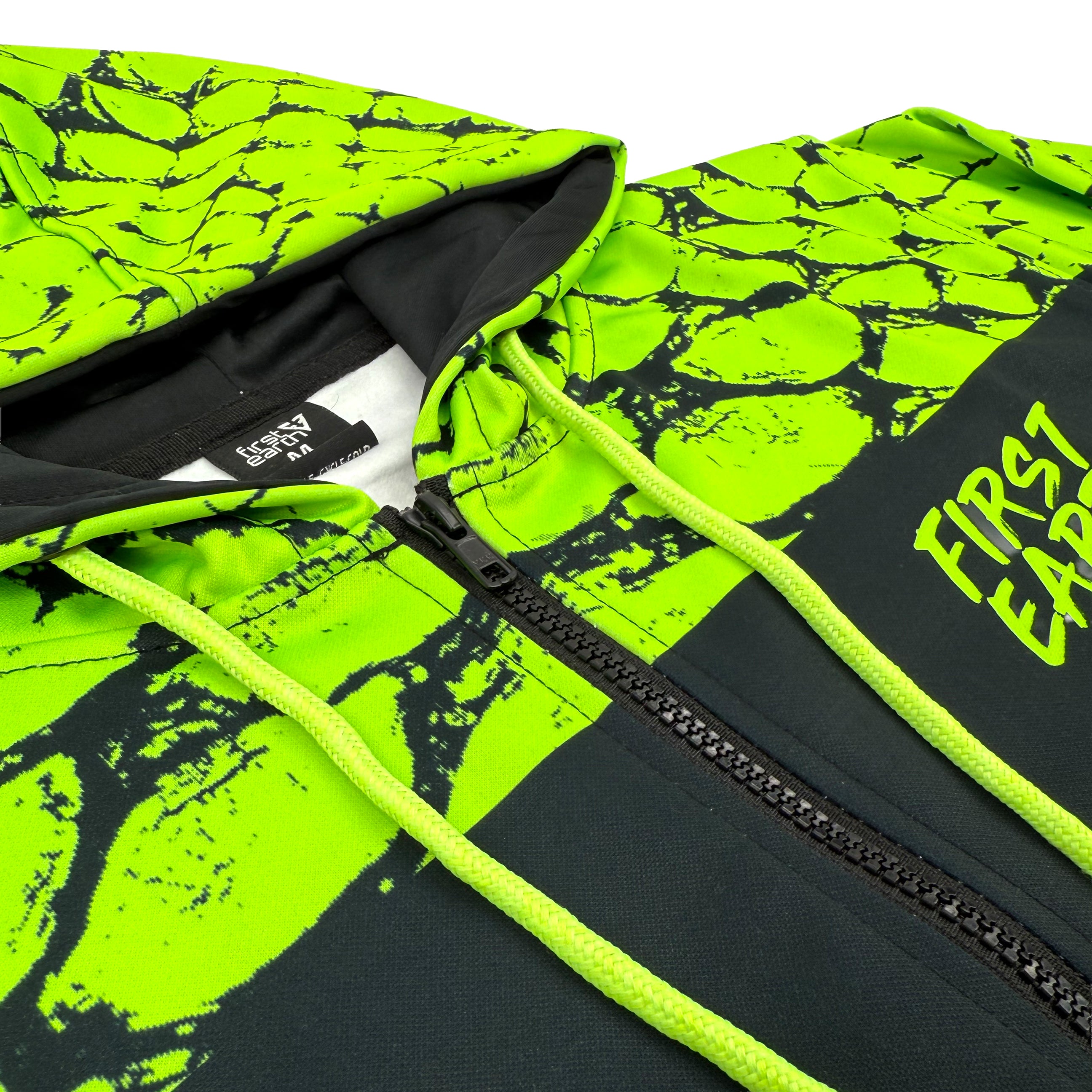 Neon Serpent UV zip‑up hoodie by First Earth – rave-ready hoodie with glowing serpent design under blacklight, thumb holes, and scoop hem for flow-friendly movement 