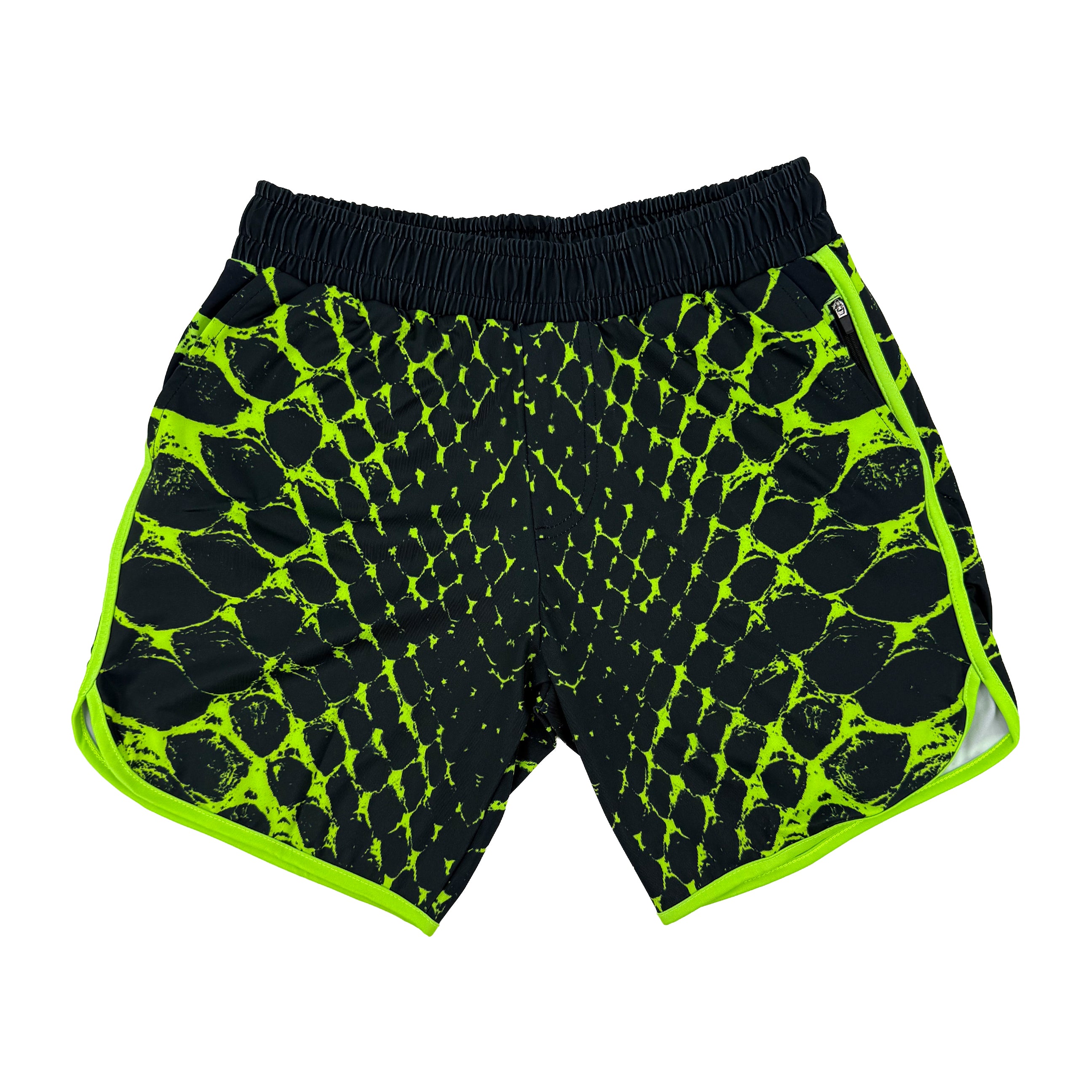 Neon Serpent UV shorts by First Earth – rave-ready shorts with glowing serpent design that shines under blacklight, lightweight breathable mesh, zip and velcro pockets for festival flow
