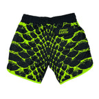 Neon Serpent UV shorts by First Earth – rave-ready shorts with glowing serpent design that shines under blacklight, lightweight breathable mesh, zip and velcro pockets for festival flow