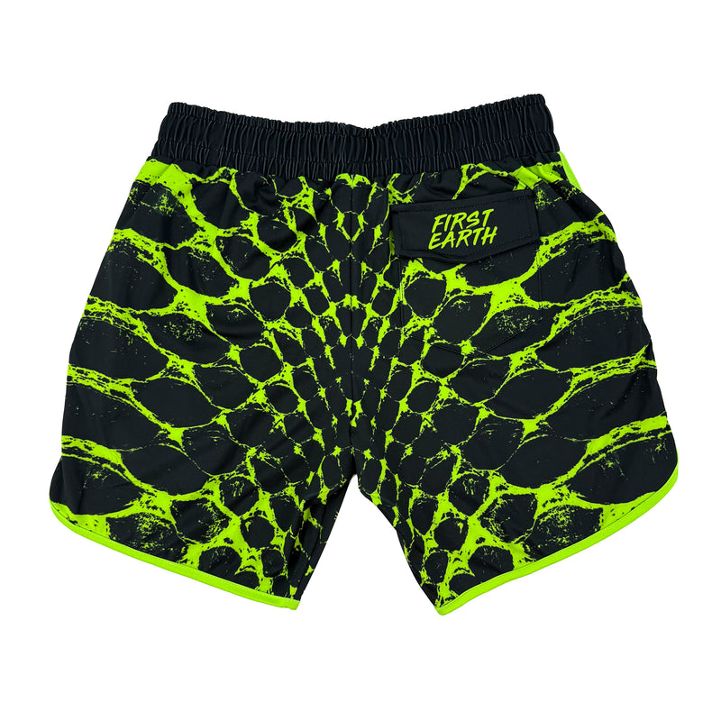 Neon Serpent UV shorts by First Earth – rave-ready shorts with glowing serpent design that shines under blacklight, lightweight breathable mesh, zip and velcro pockets for festival flow