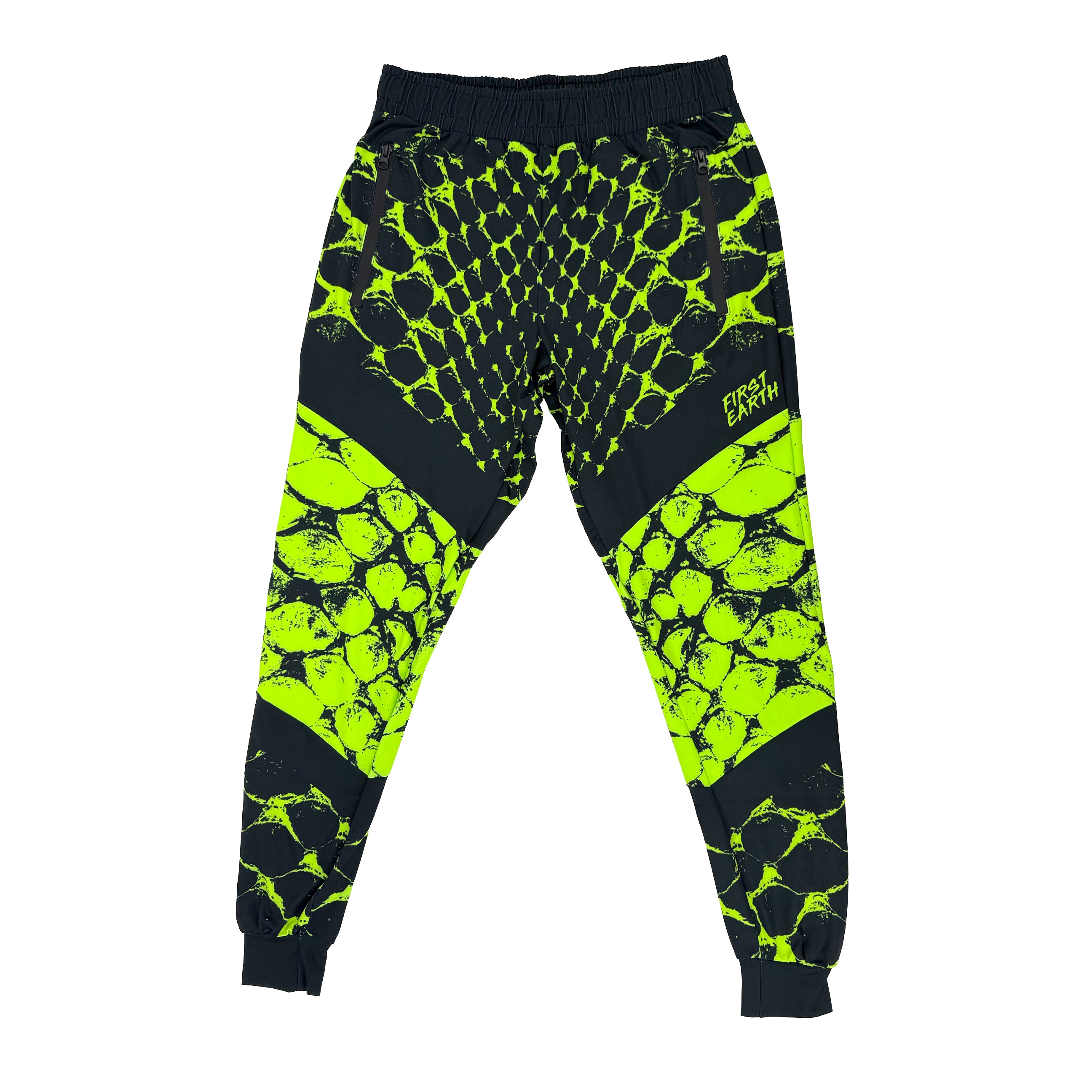 Neon Serpent UV joggers by First Earth – rave-worthy pants with glowing serpent design under blacklight, breathable soft polyester, zip pockets, and elastic drawstring waistband 