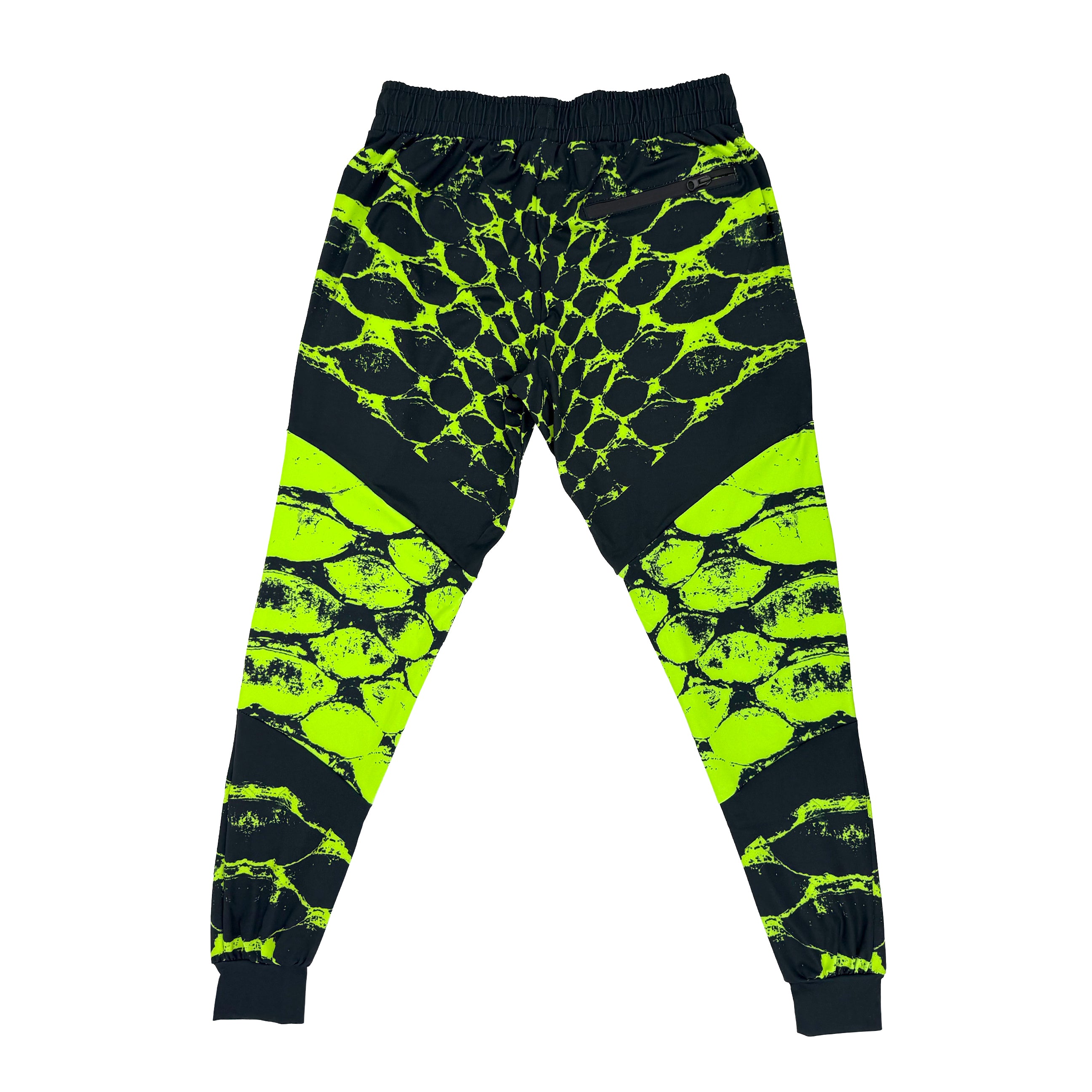 Neon Serpent UV joggers by First Earth – rave-worthy pants with glowing serpent design under blacklight, breathable soft polyester, zip pockets, and elastic drawstring waistband 