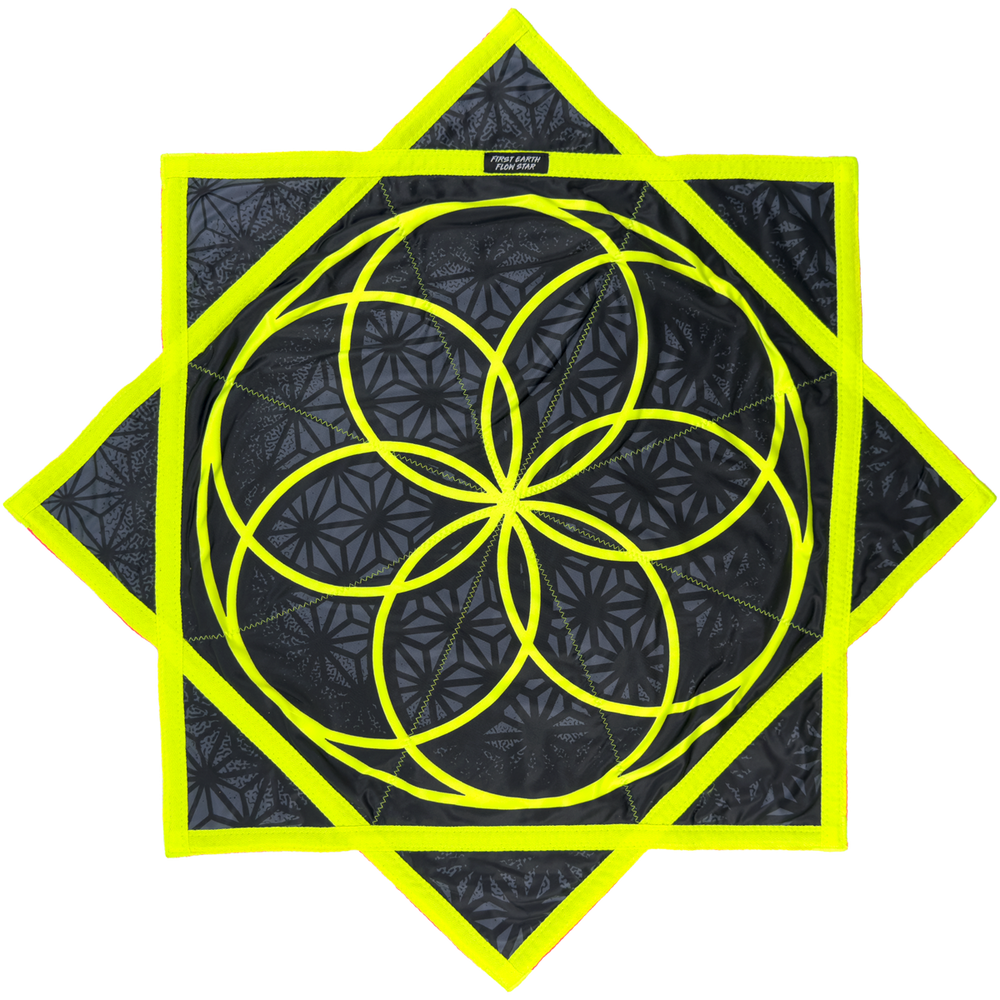 Flower of Life Midnight 36 inch flow star front with neon yellow sacred geometry by First Earth