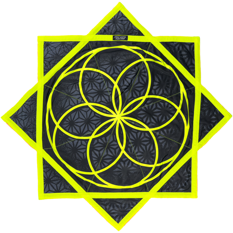 Flower of Life Midnight 36 inch flow star front with neon yellow sacred geometry by First Earth