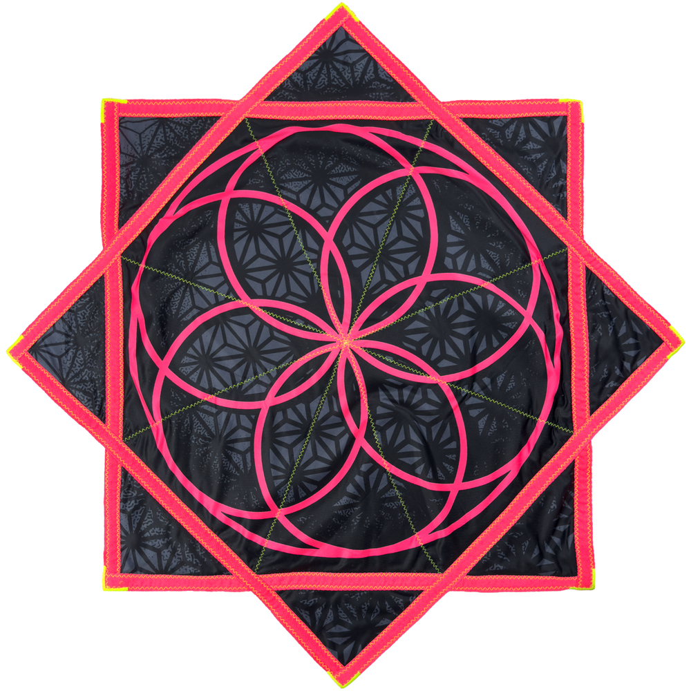 Flower of Life Midnight 36 inch flow star back with pink sacred geometry by First Earth
