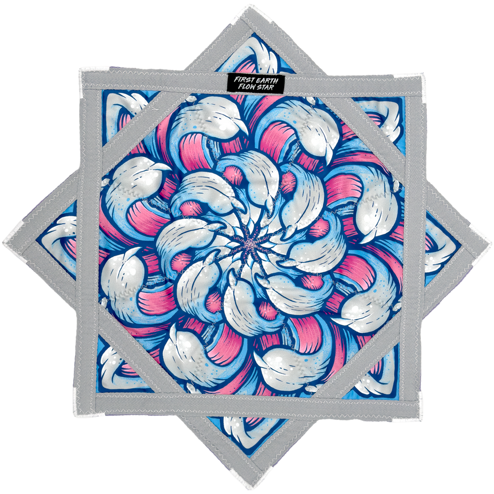 Chrysanthemum Moonrise 20 inch mini flow star back with blue and pink floral mandala artwork by First Earth