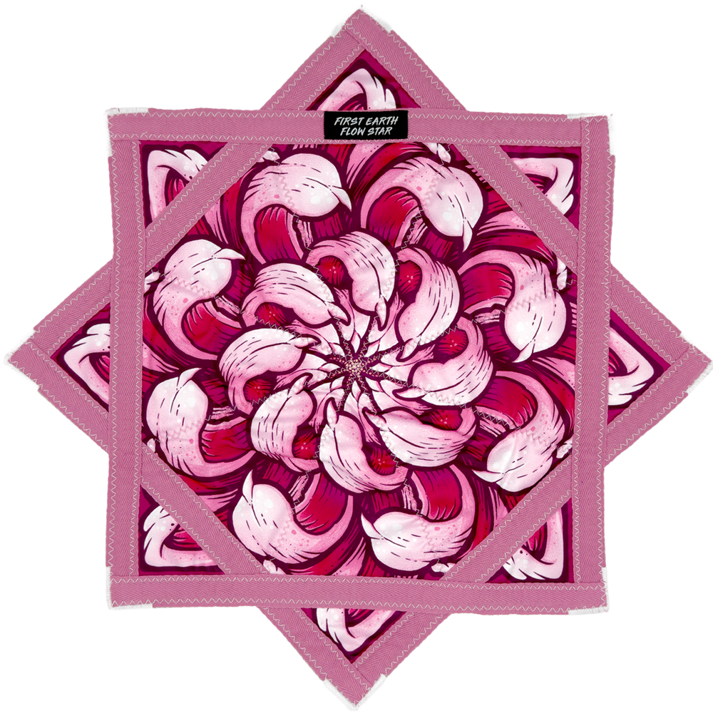 Chrysanthemum Sunrise 20 inch mini flow star front with pink floral mandala artwork by First Earth