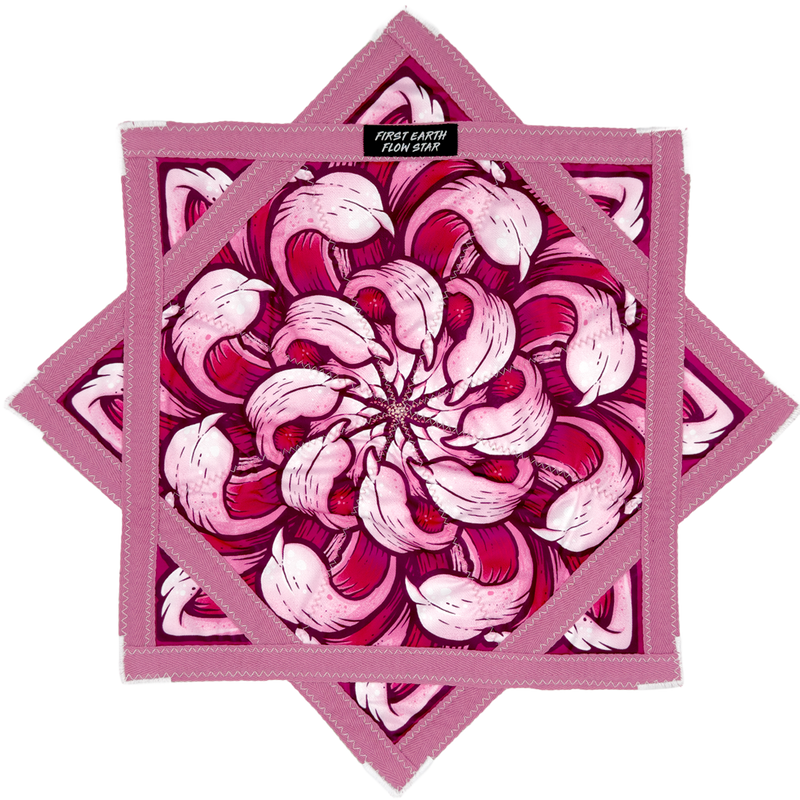 Chrysanthemum Sunrise 20 inch mini flow star front with pink floral mandala artwork by First Earth