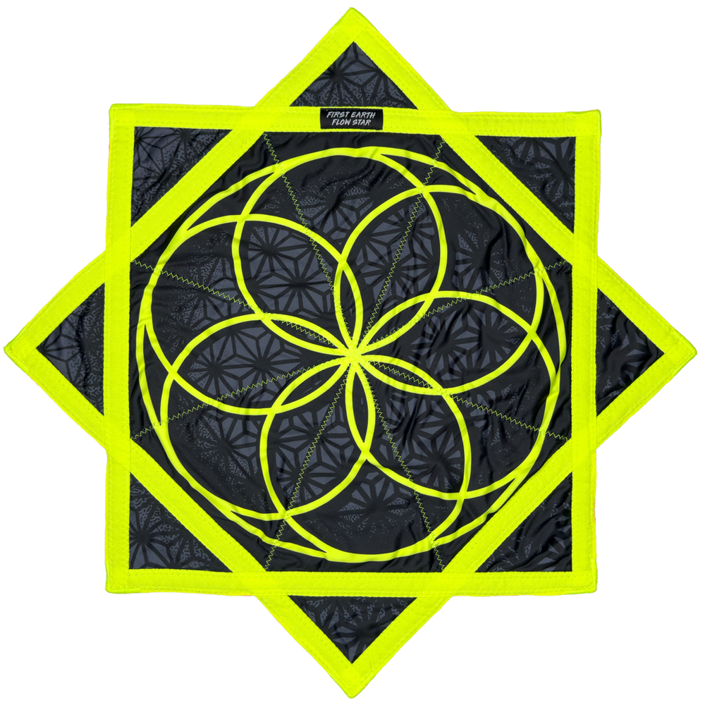First Earth Flower of Life Midnight flow star, yellow sacred geometry design on black fabric, folded flat
