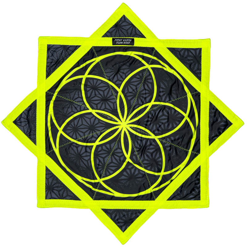 First Earth Flower of Life Midnight flow star, yellow sacred geometry design on black fabric, folded flat