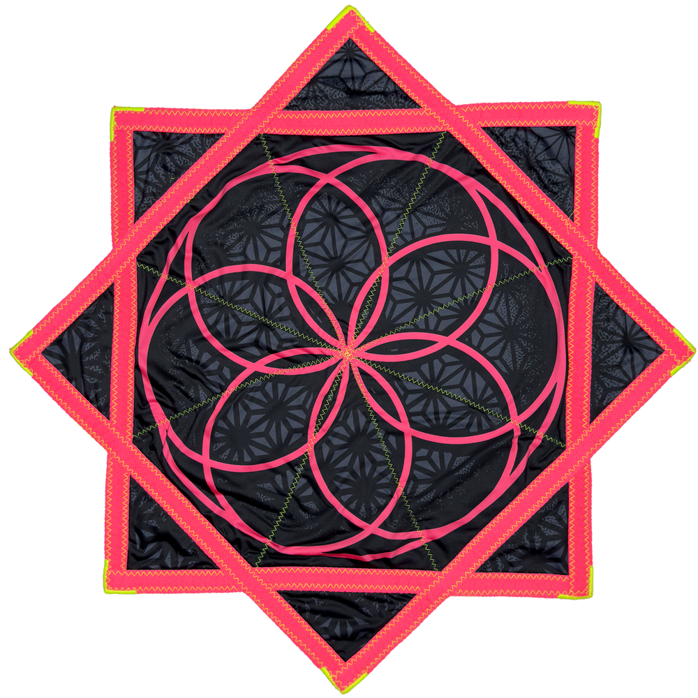 First Earth Flower of Life Midnight flow star, pink sacred geometry design on black fabric, reverse side