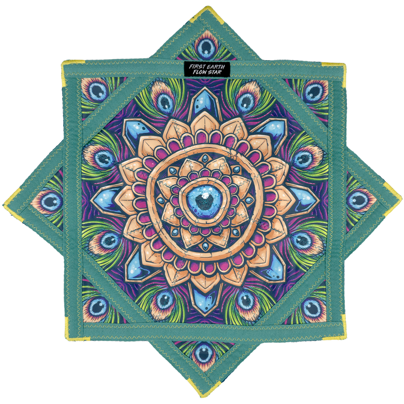 Royal Plume 20 inch mini flow star front with peacock feather mandala artwork by First Earth