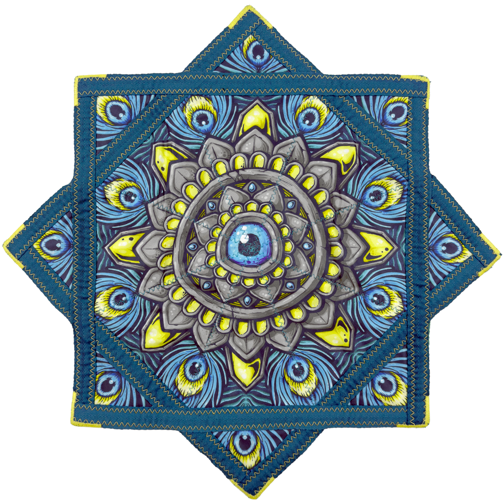 Royal Plume 20 inch mini flow star back with teal peacock feather and grey mandala art by First Earth