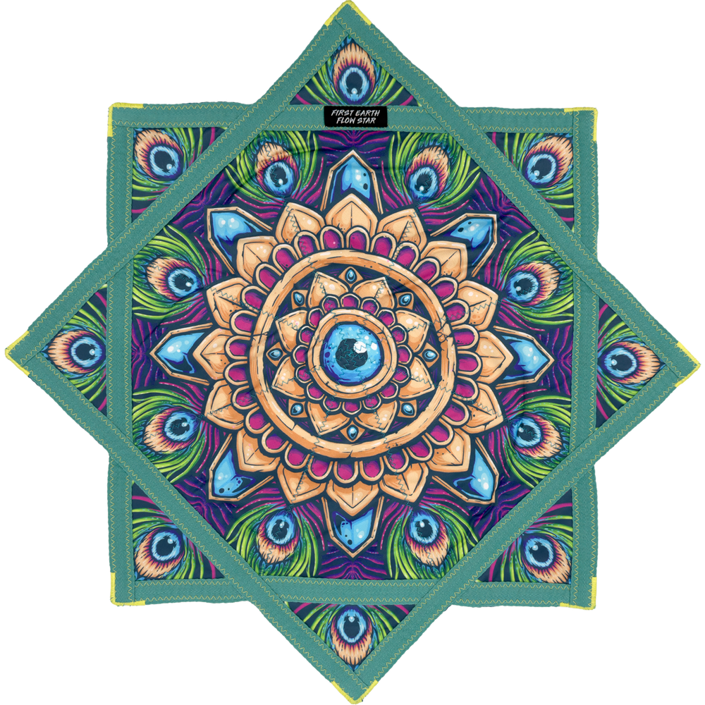 Royal Plume regular size flow star front with peacock feather mandala artwork by First Earth
