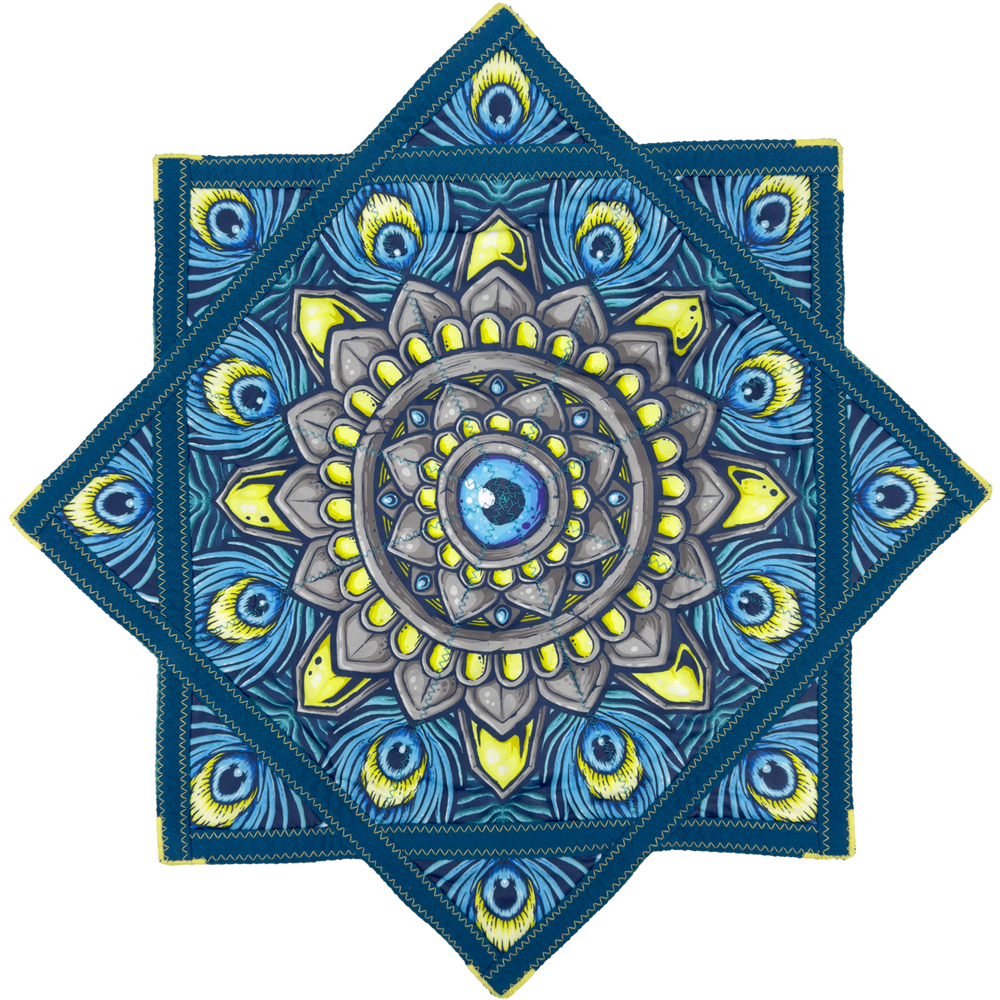 Royal Plume regular size flow star back with blue and yellow peacock feather mandala artwork by First Earth