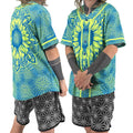 Sunflower of Life UV baseball jersey by First Earth – oversized rave-ready jersey with glowing sacred geometry that shines under blacklight 