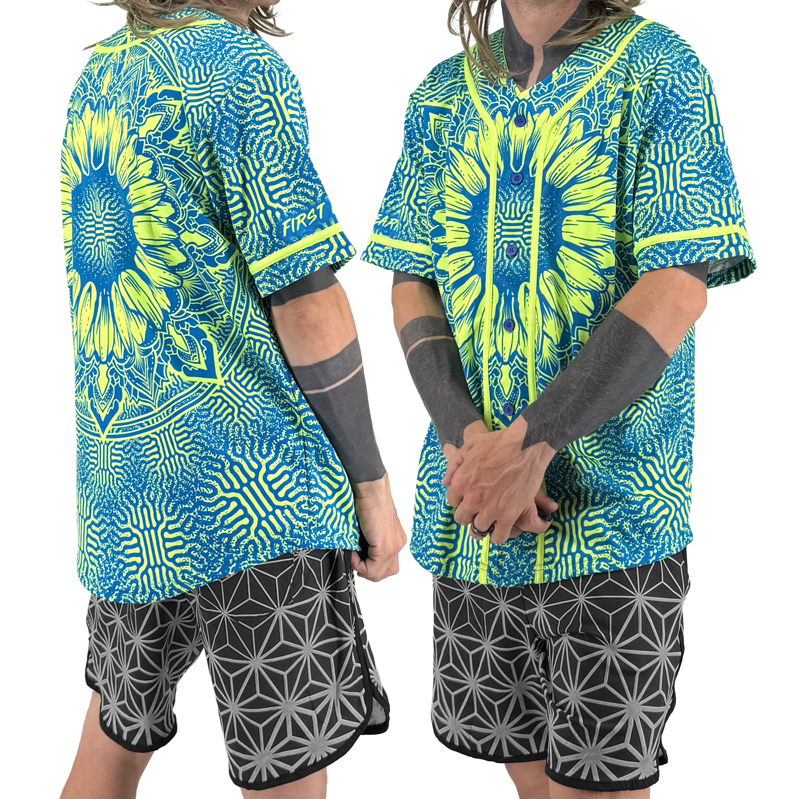 Sunflower of Life UV baseball jersey by First Earth – oversized rave-ready jersey with glowing sacred geometry that shines under blacklight 