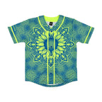 Sunflower of Life UV baseball jersey by First Earth – oversized rave-ready jersey with glowing sacred geometry that shines under blacklight 