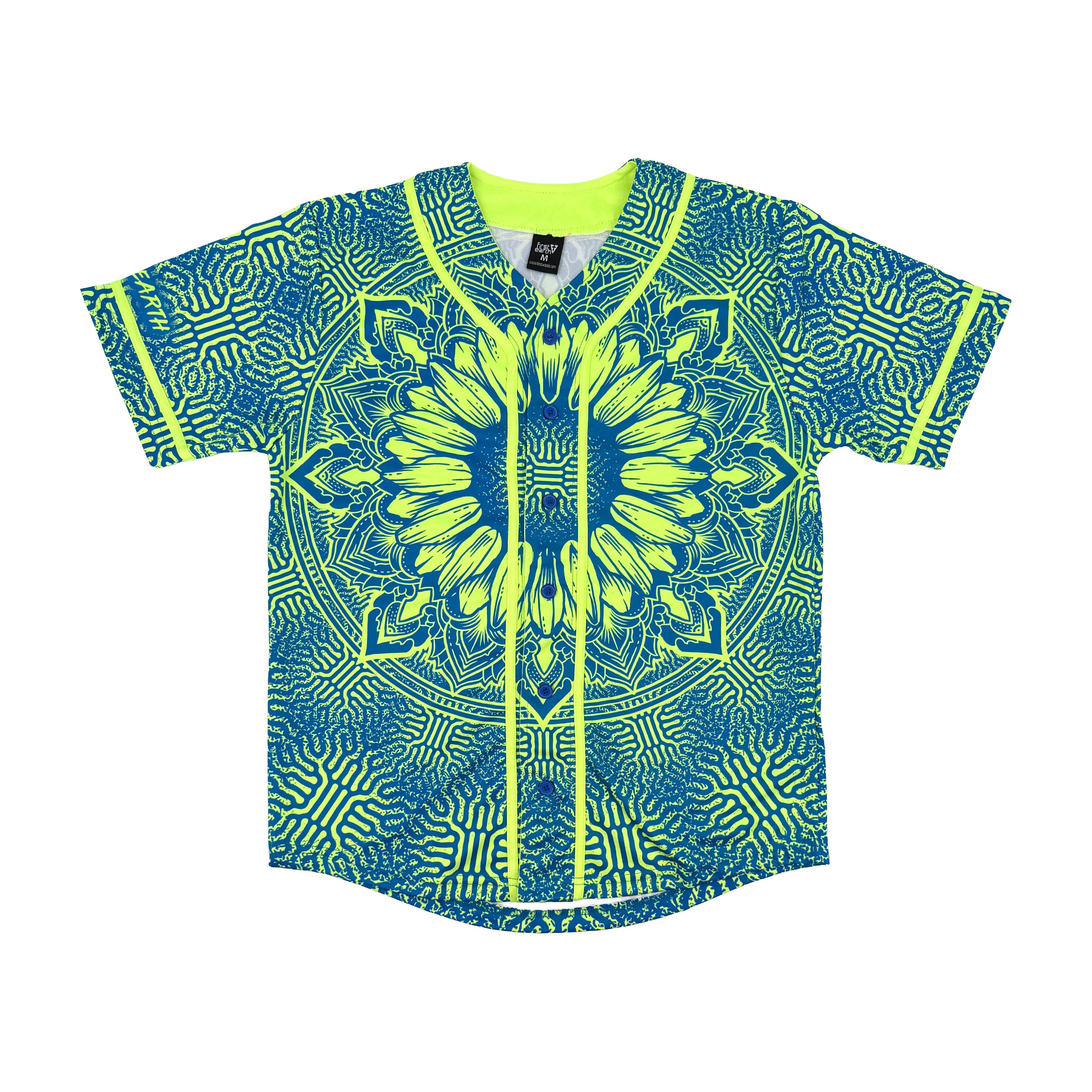 Sunflower of Life UV baseball jersey by First Earth – oversized rave-ready jersey with glowing sacred geometry that shines under blacklight 