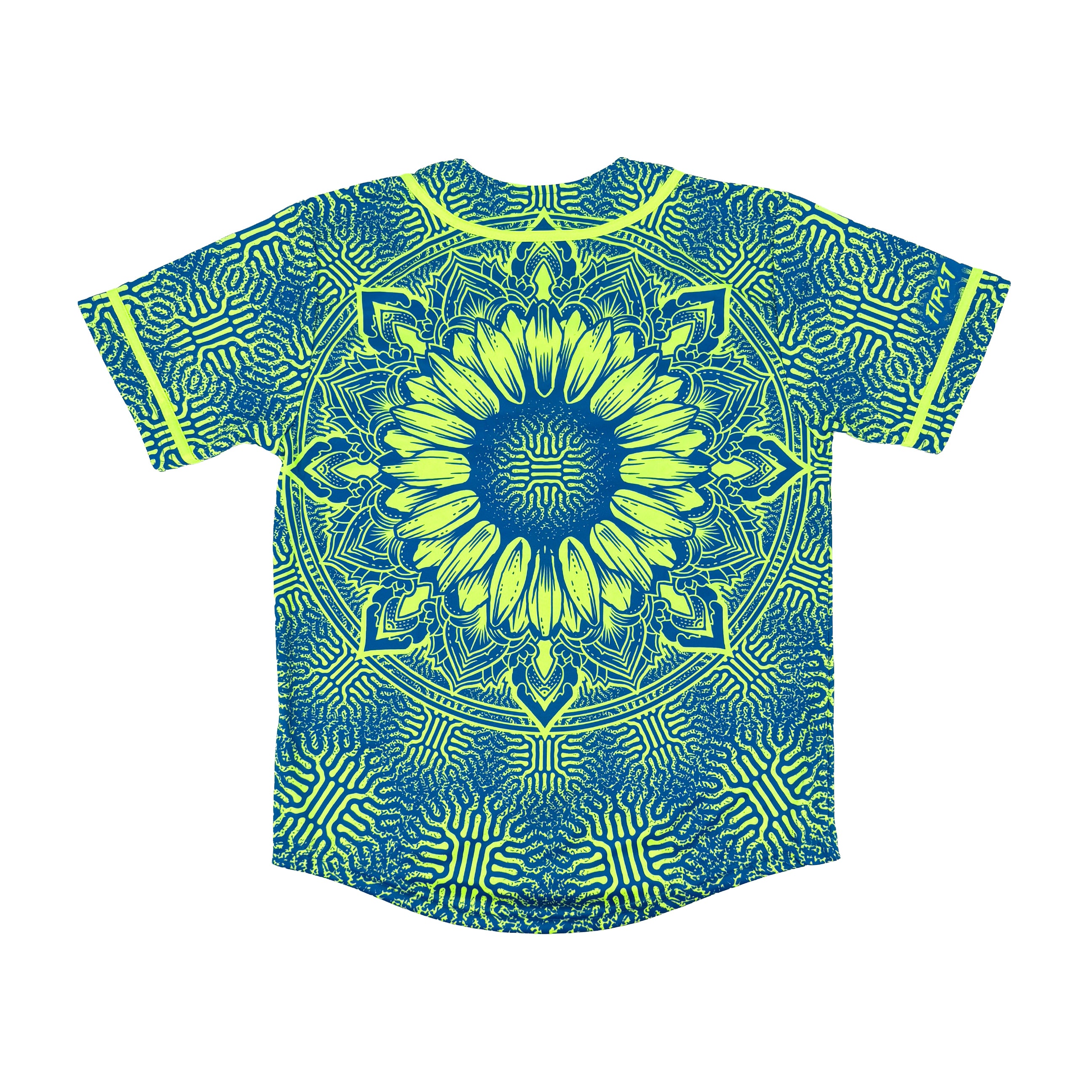Sunflower of Life UV baseball jersey by First Earth – oversized rave-ready jersey with glowing sacred geometry that shines under blacklight 