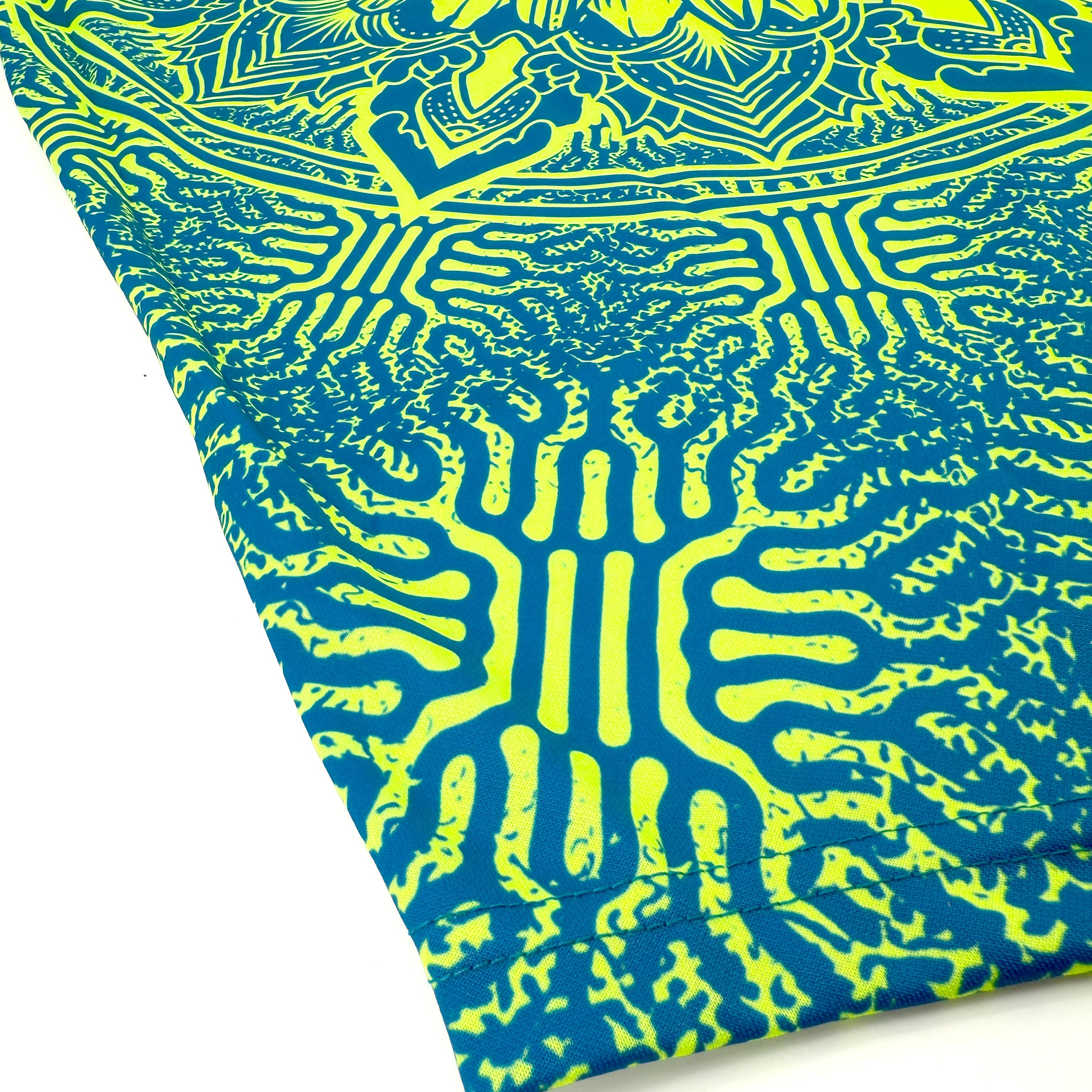 Sunflower of Life UV baseball jersey by First Earth – oversized rave-ready jersey with glowing sacred geometry that shines under blacklight 