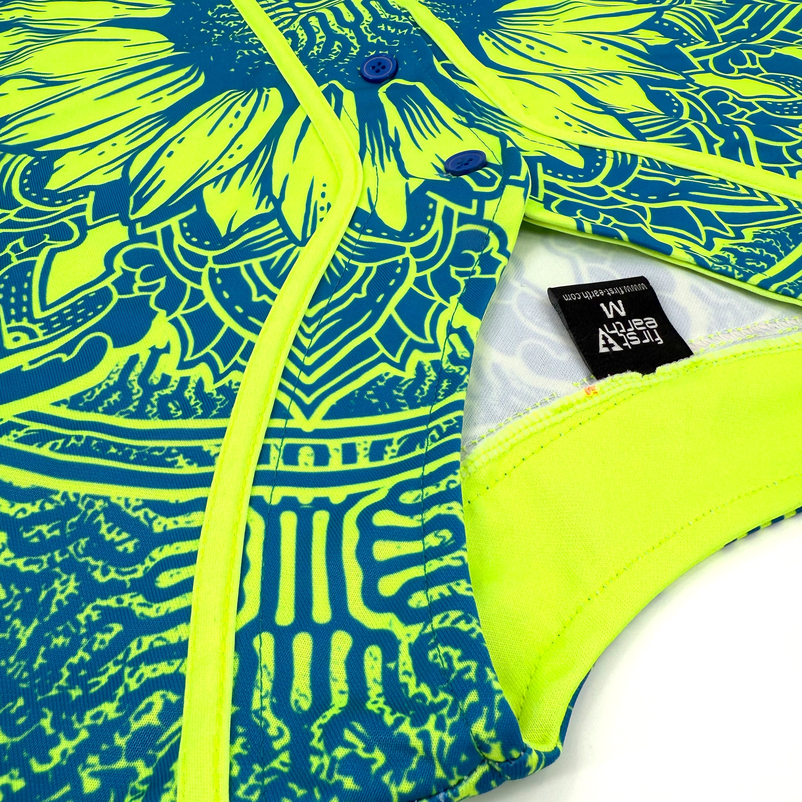 Sunflower of Life UV baseball jersey by First Earth – oversized rave-ready jersey with glowing sacred geometry that shines under blacklight 