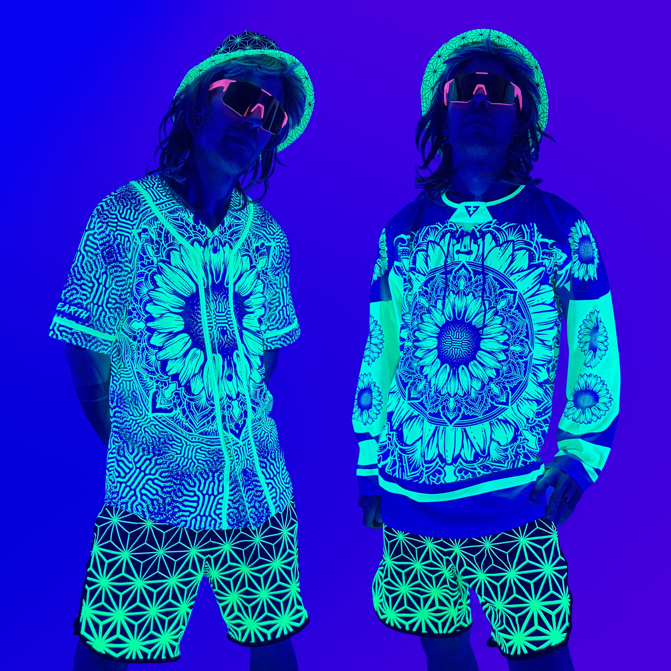 Sunflower of Life UV hockey and baseball jersey by First Earth – oversized rave jersey with full UV-reactive print that glows under blacklight 