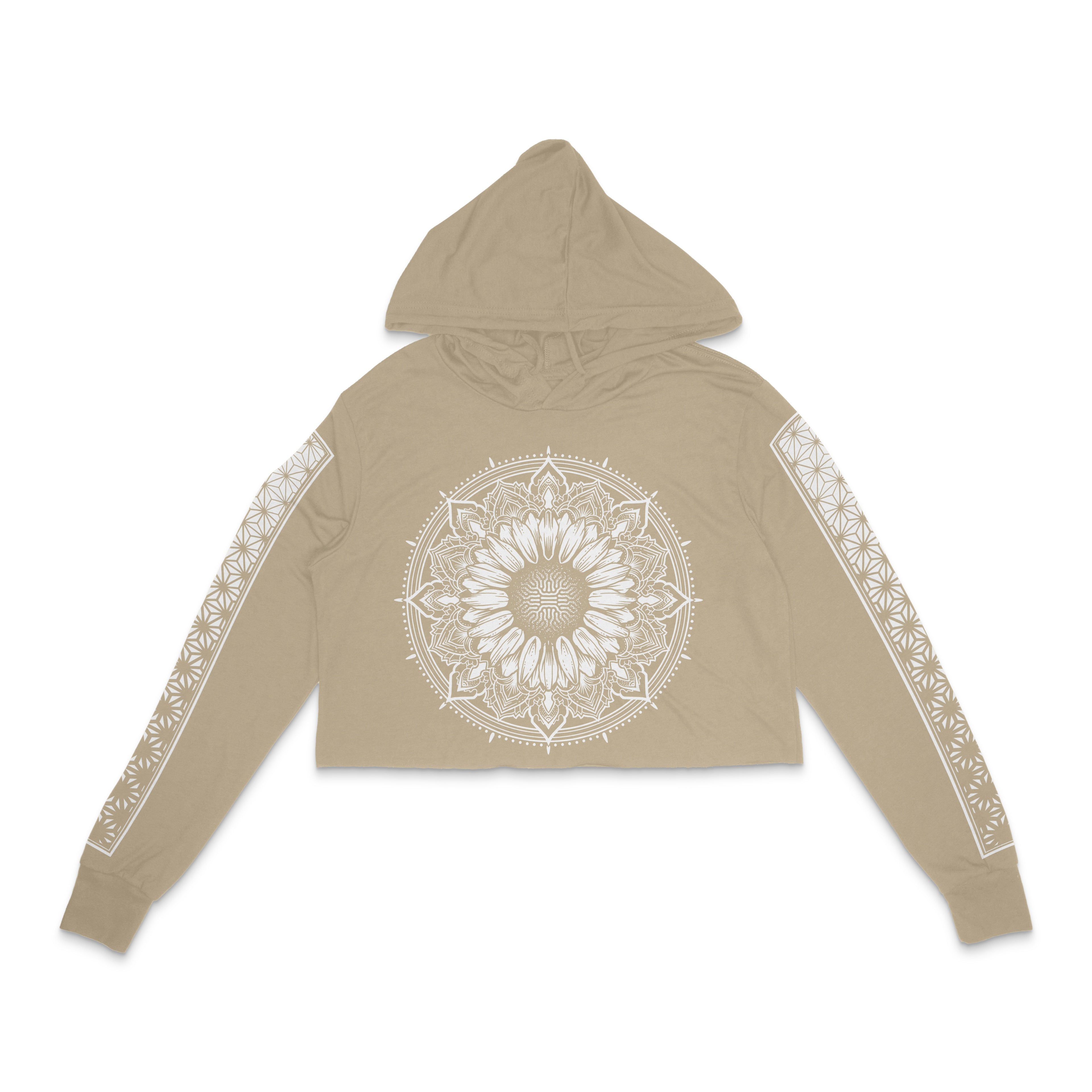Sunflower tan and white cropped hooded long sleeve for women by First Earth – subtle rave-ready top with sunflower art, cropped design and hood for festival flow 