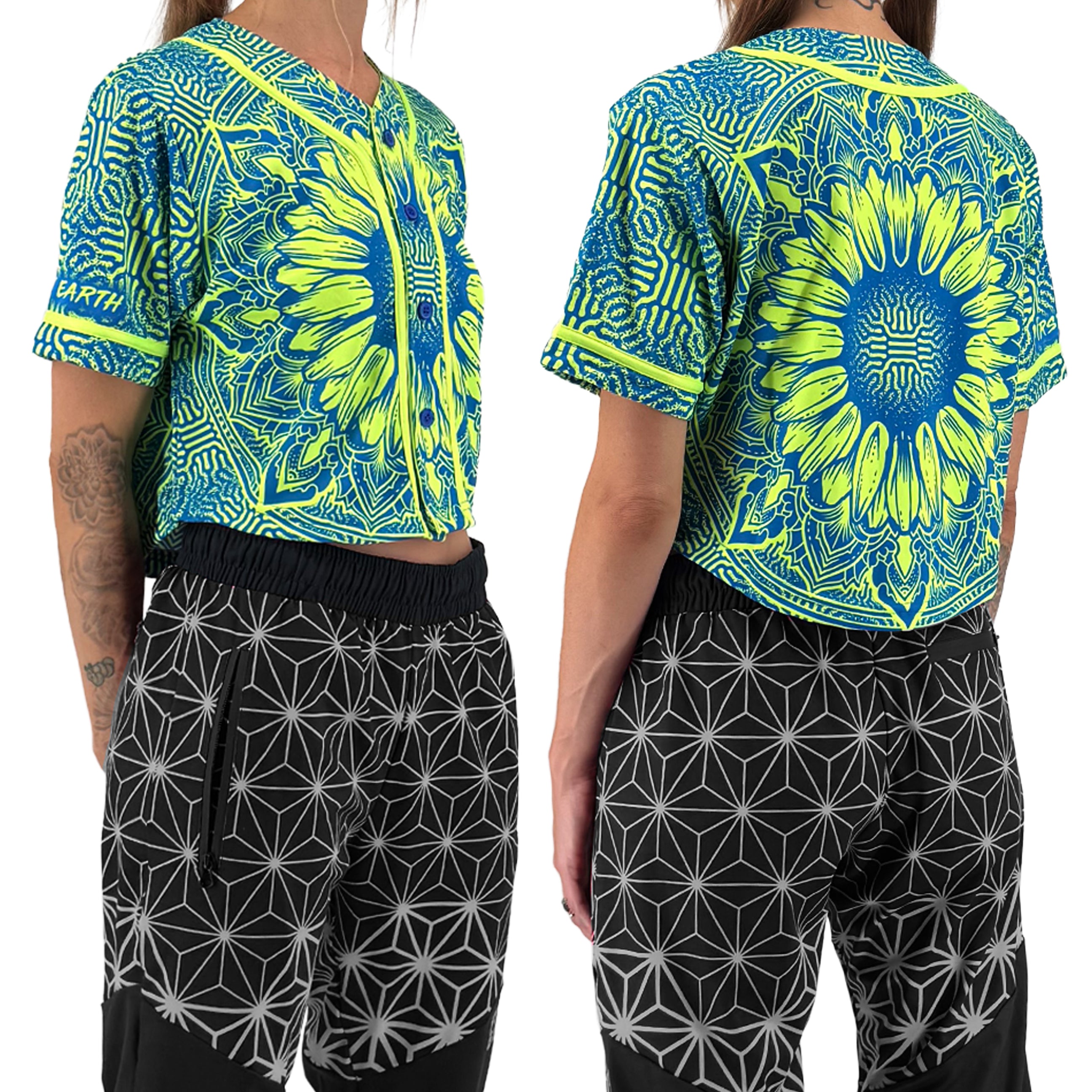 Sunflower of Life UV crop baseball jersey by First Earth – cropped rave jersey with glowing sacred geometry pattern, soft breathable fabric for festival flow 