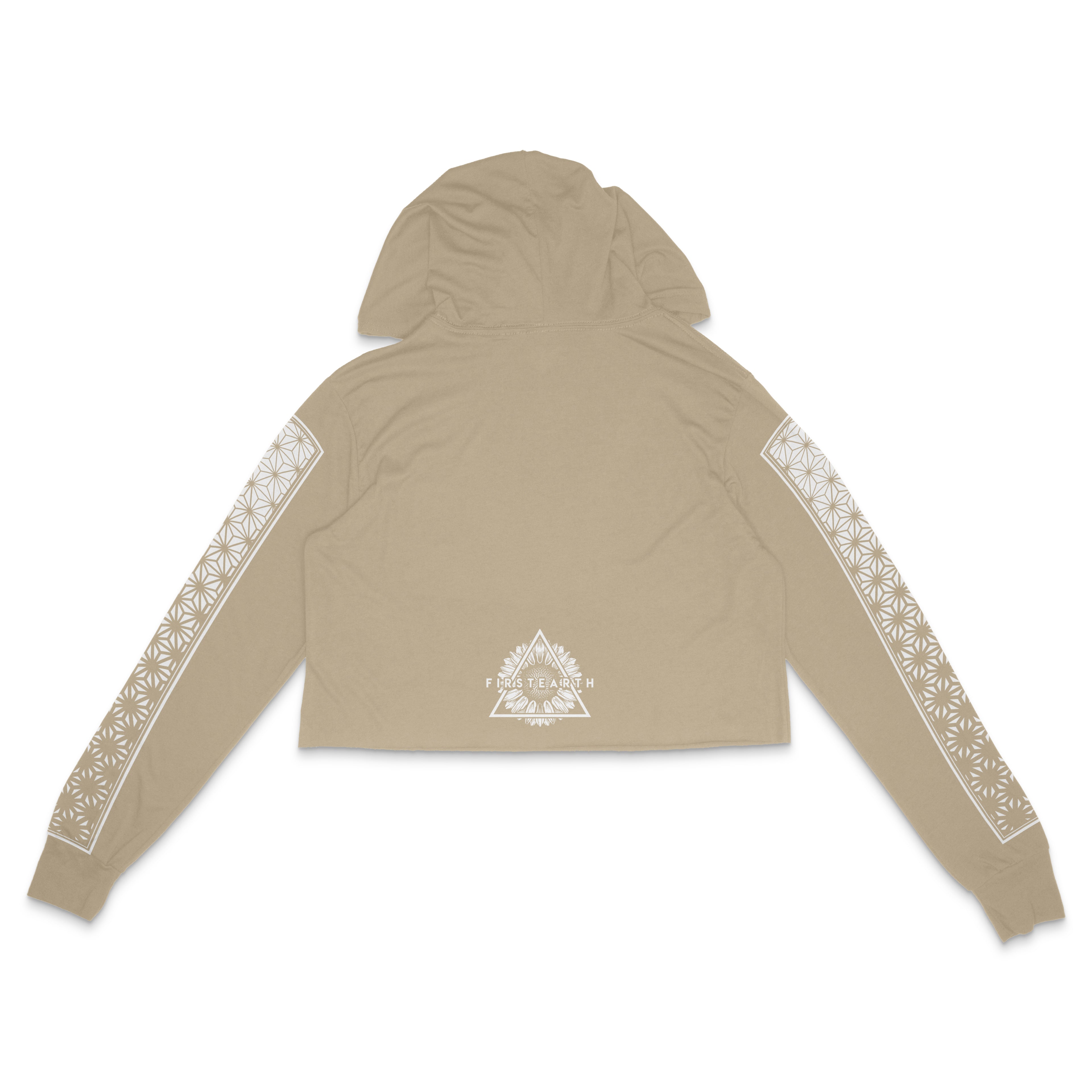 Sunflower tan and white cropped hooded long sleeve for women by First Earth – subtle rave-ready top with sunflower art, cropped design and hood for festival flow 