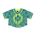 Sunflower of Life UV crop baseball jersey by First Earth – cropped rave jersey with glowing sacred geometry pattern, soft breathable fabric for festival flow 