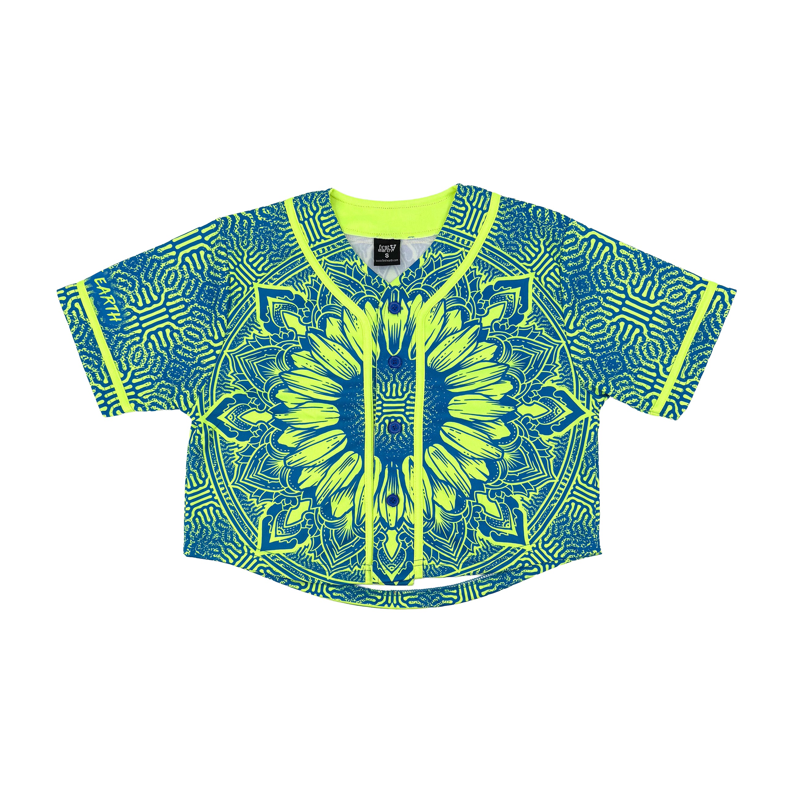 Sunflower of Life UV crop baseball jersey by First Earth – cropped rave jersey with glowing sacred geometry pattern, soft breathable fabric for festival flow 
