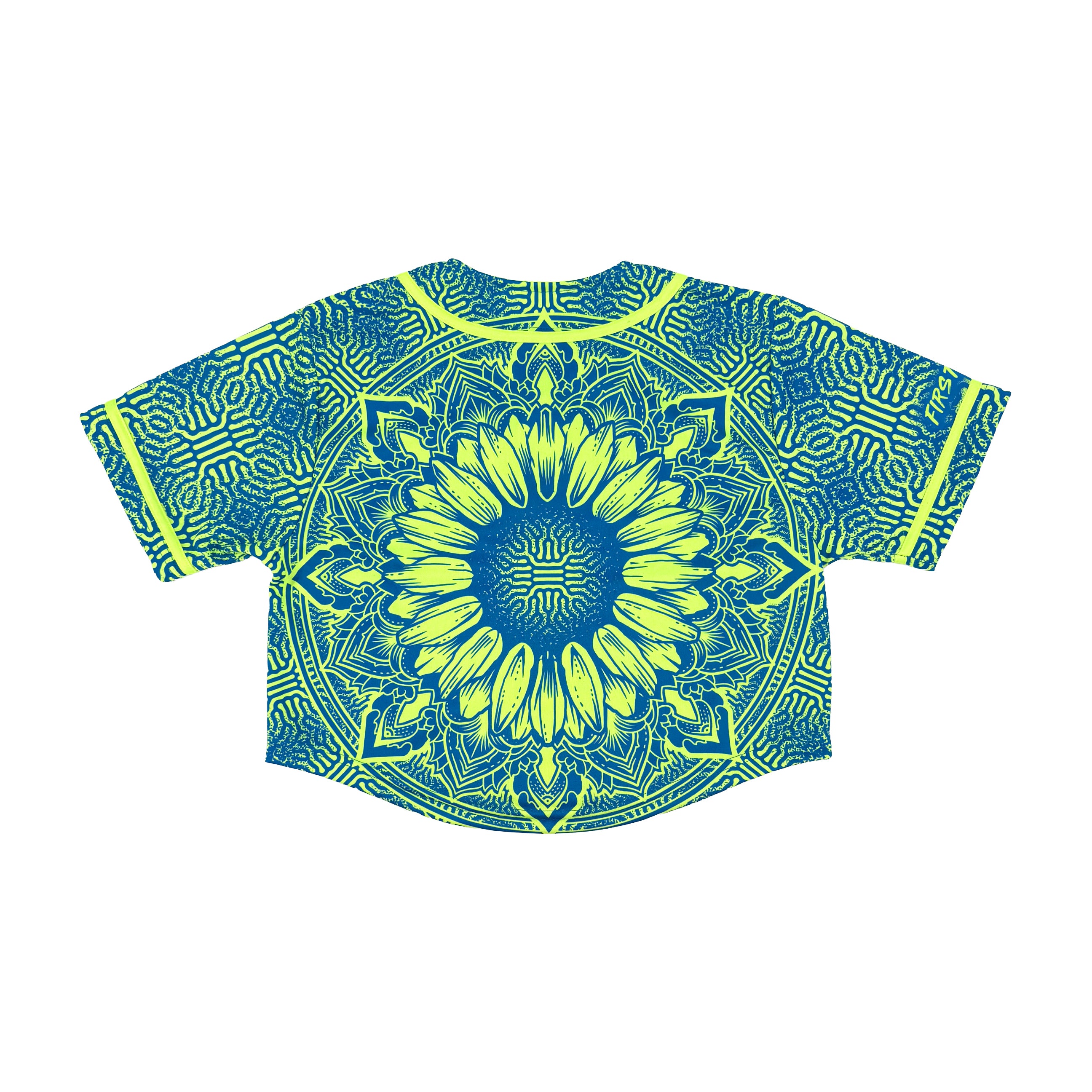 Sunflower of Life UV crop baseball jersey by First Earth – cropped rave jersey with glowing sacred geometry pattern, soft breathable fabric for festival flow 