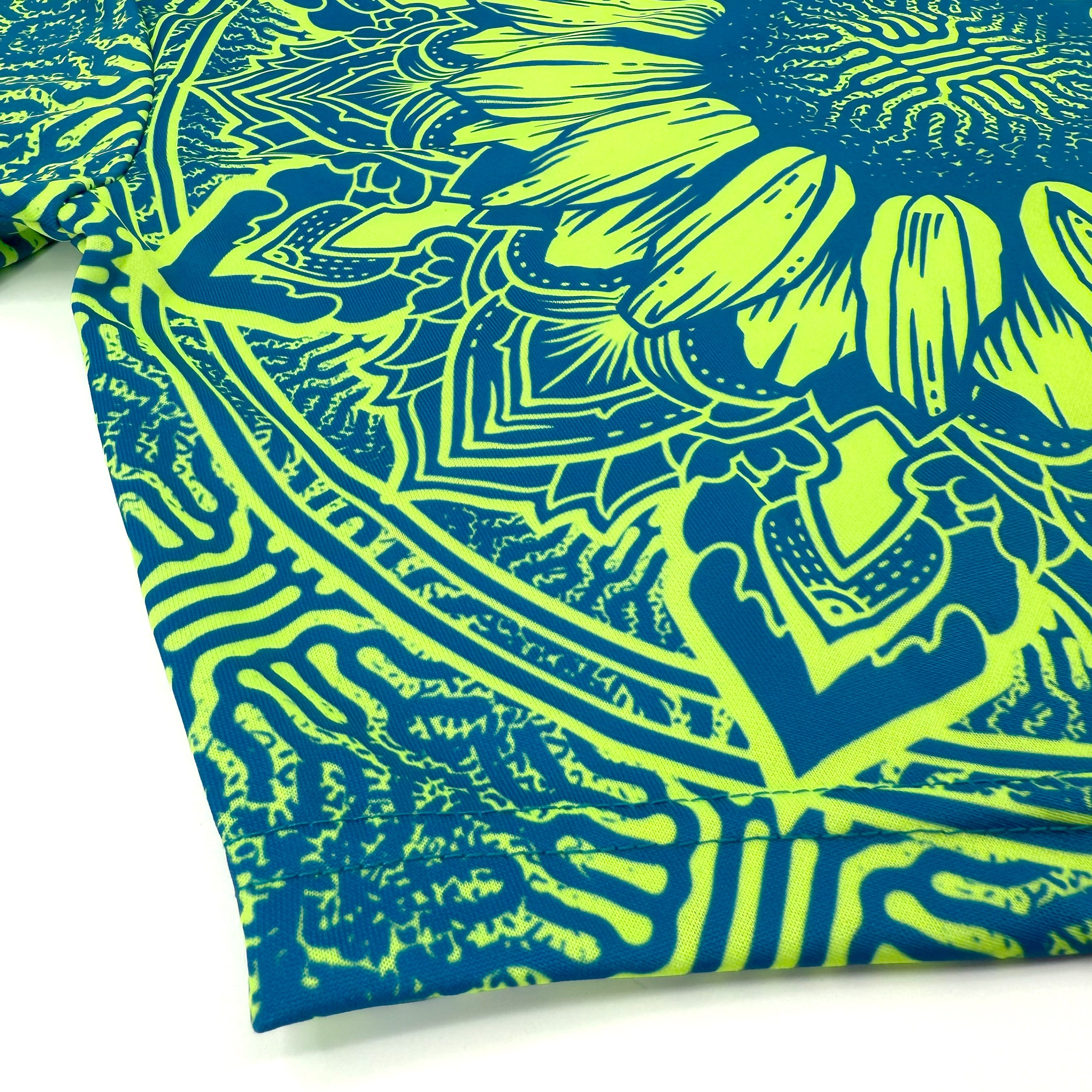 Sunflower of Life UV crop baseball jersey by First Earth – cropped rave jersey with glowing sacred geometry pattern, soft breathable fabric for festival flow 