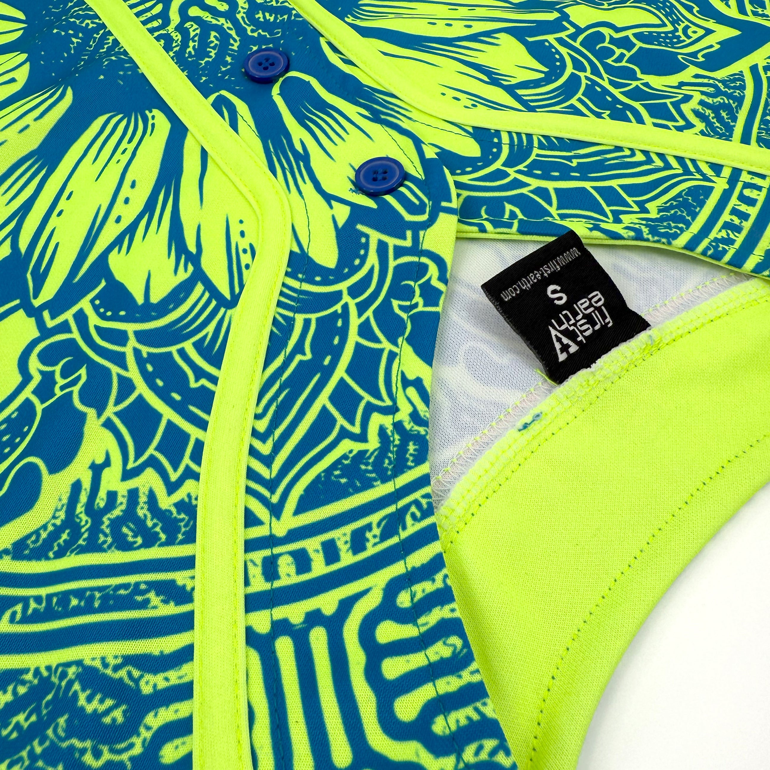 Sunflower of Life UV crop baseball jersey by First Earth – cropped rave jersey with glowing sacred geometry pattern, soft breathable fabric for festival flow 