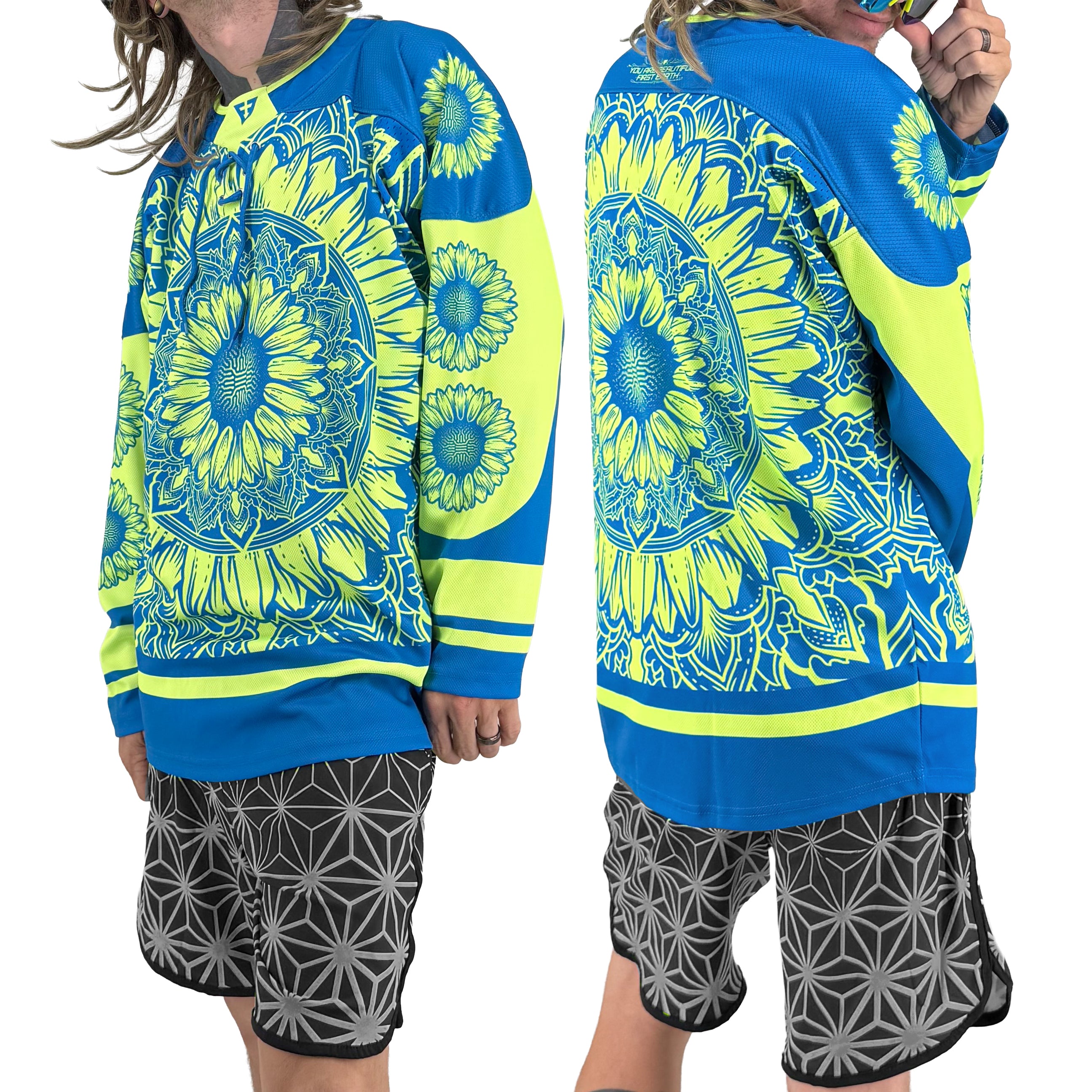 Sunflower of Life UV hockey jersey by First Earth – oversized rave-ready jersey with full UV-reactive print that glows under blacklight