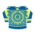 Sunflower of Life UV hockey jersey by First Earth – oversized rave-ready jersey with full UV-reactive print that glows under blacklight