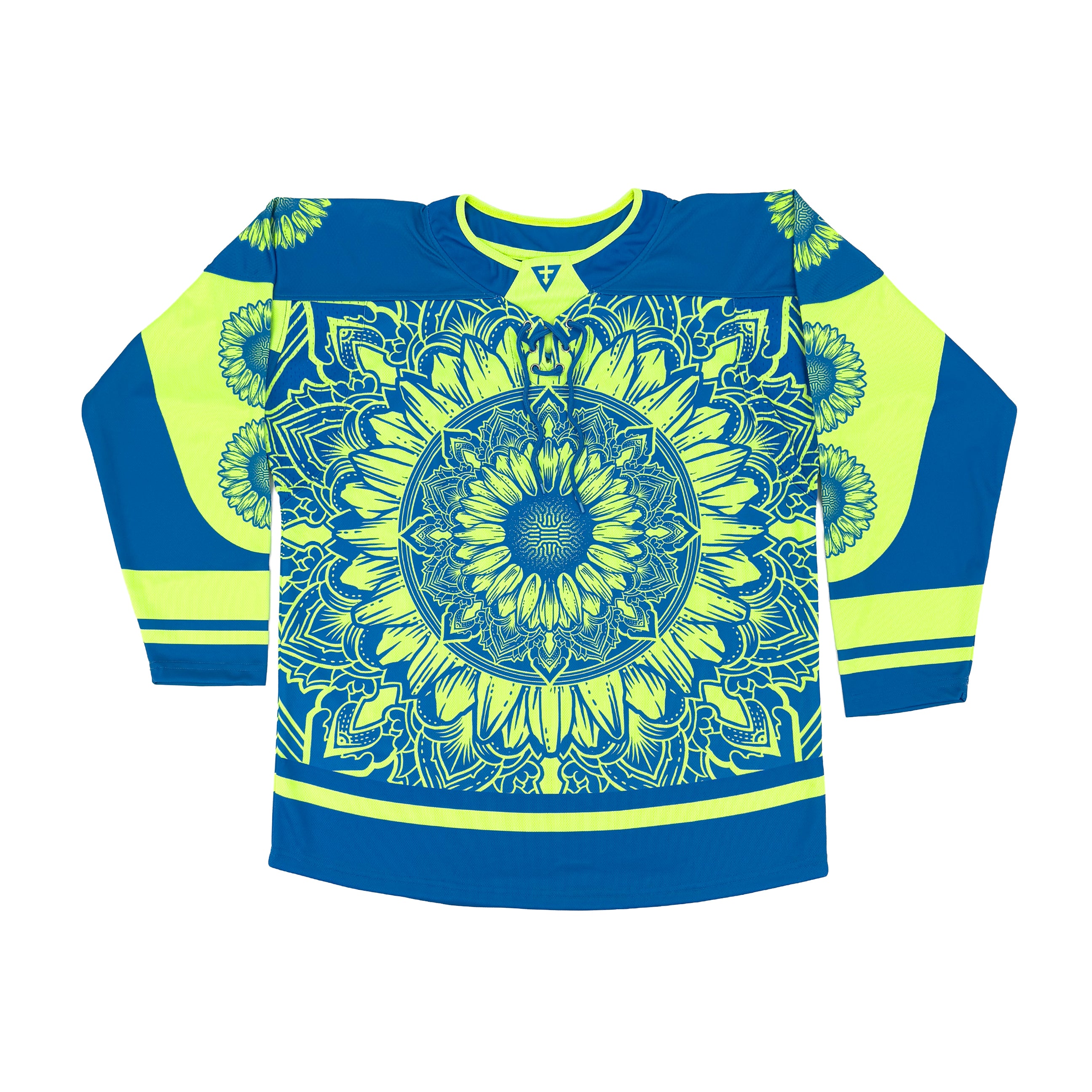 Sunflower of Life UV hockey jersey by First Earth – oversized rave-ready jersey with full UV-reactive print that glows under blacklight