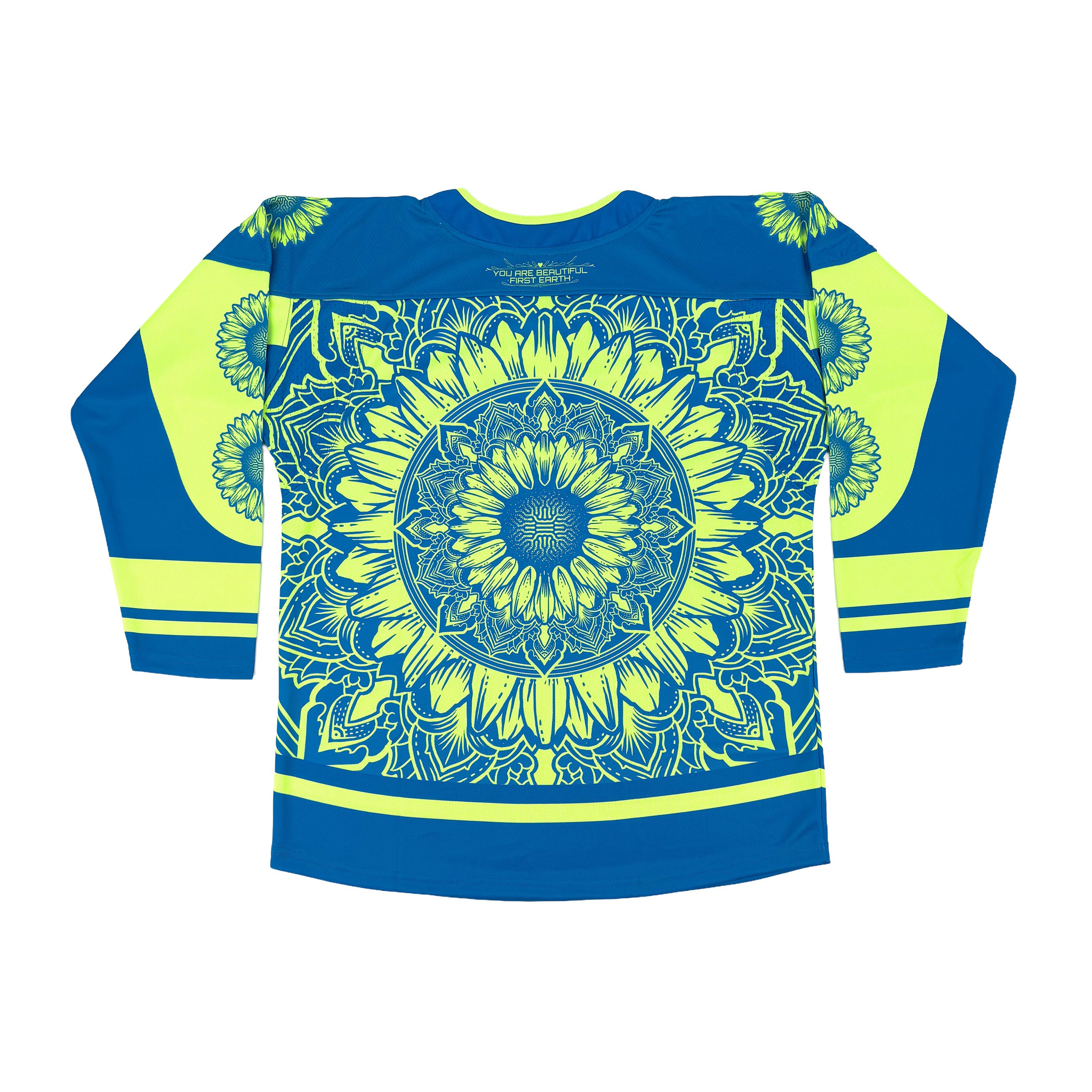 Sunflower of Life UV hockey jersey by First Earth – oversized rave-ready jersey with full UV-reactive print that glows under blacklight