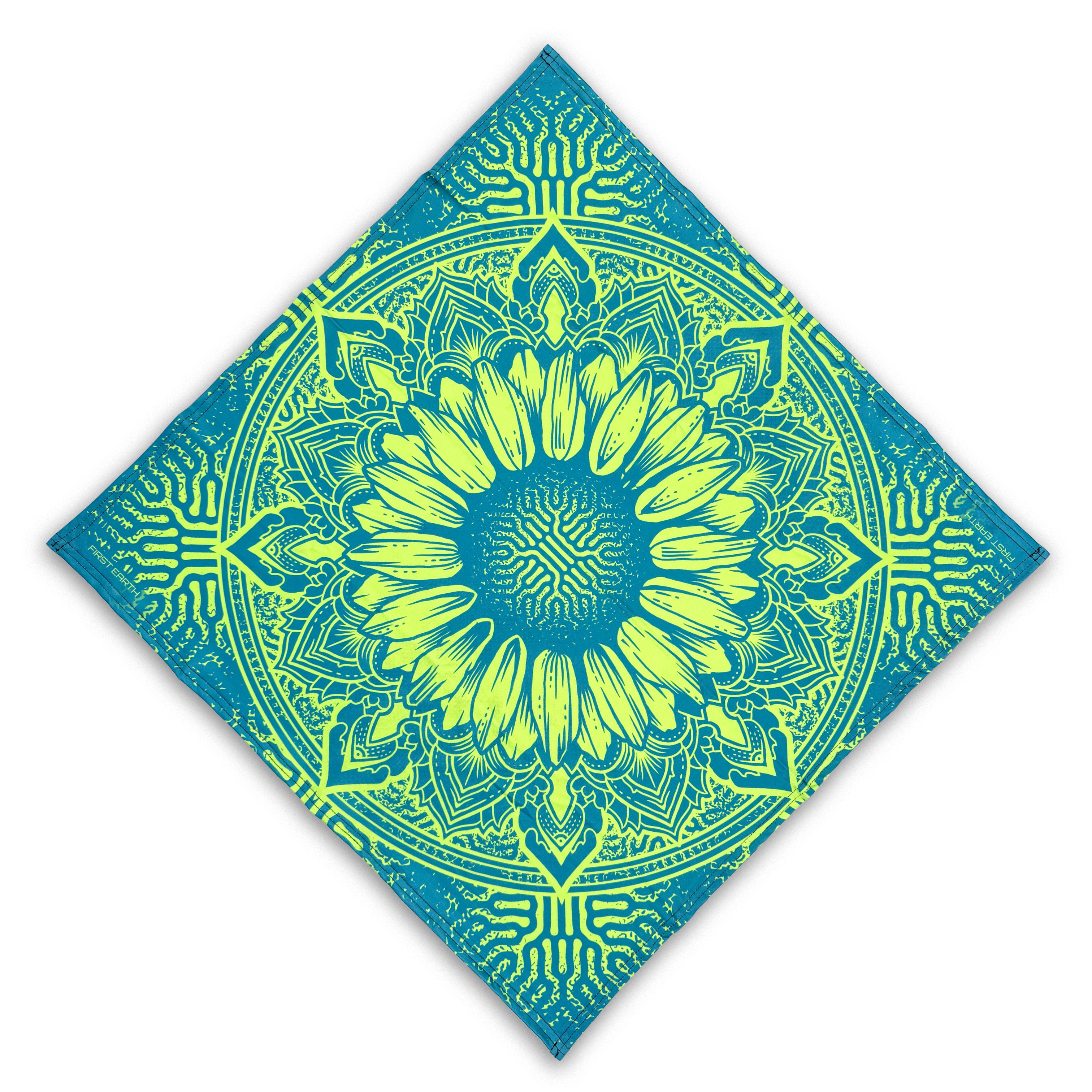 Sunflower UV glow bandana by First Earth – lightweight rave accessory with glowing floral design under blacklight, breathable and bold 