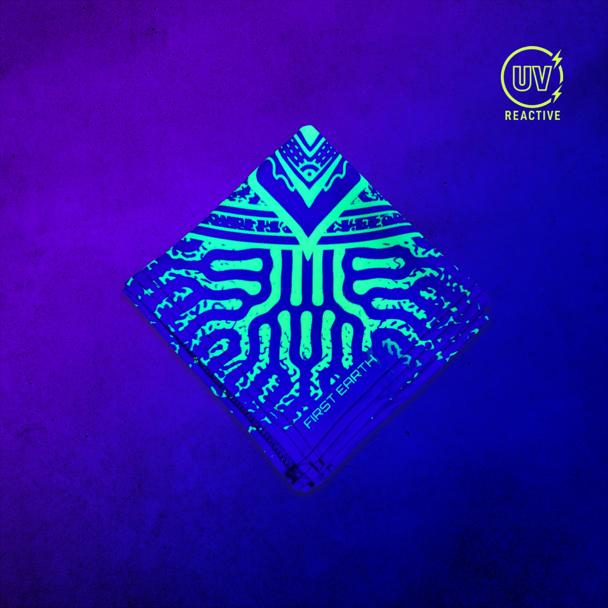 Sunflower - UV Glow - Bandana glowing under black light, showing the UV-reactive colors and complete printed design