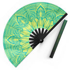 Sunflower UV glow hand fan by First Earth – folding rave fan with glowing sunflower design under blacklight, bamboo frame, and vibrant polyester for airflow on the dance floor 