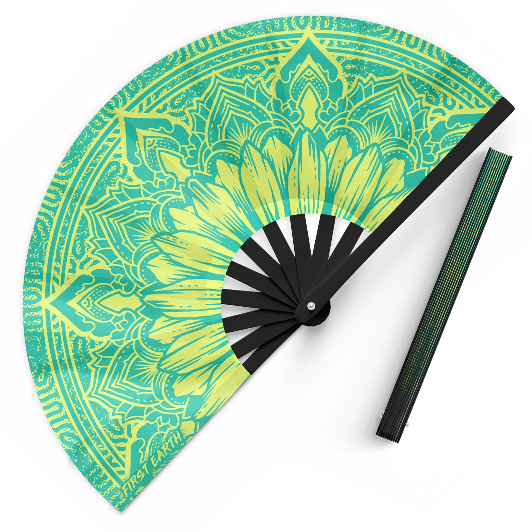 Sunflower UV glow hand fan by First Earth – folding rave fan with glowing sunflower design under blacklight, bamboo frame, and vibrant polyester for airflow on the dance floor 