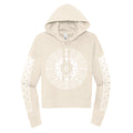 Sunflower crop hoodie in tan and white for women by First Earth – floral rave crop top with bold sunflower print, breathable fabric for festival layering 
