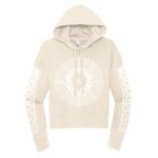 Sunflower crop hoodie in tan and white for women by First Earth – floral rave crop top with bold sunflower print, breathable fabric for festival layering 