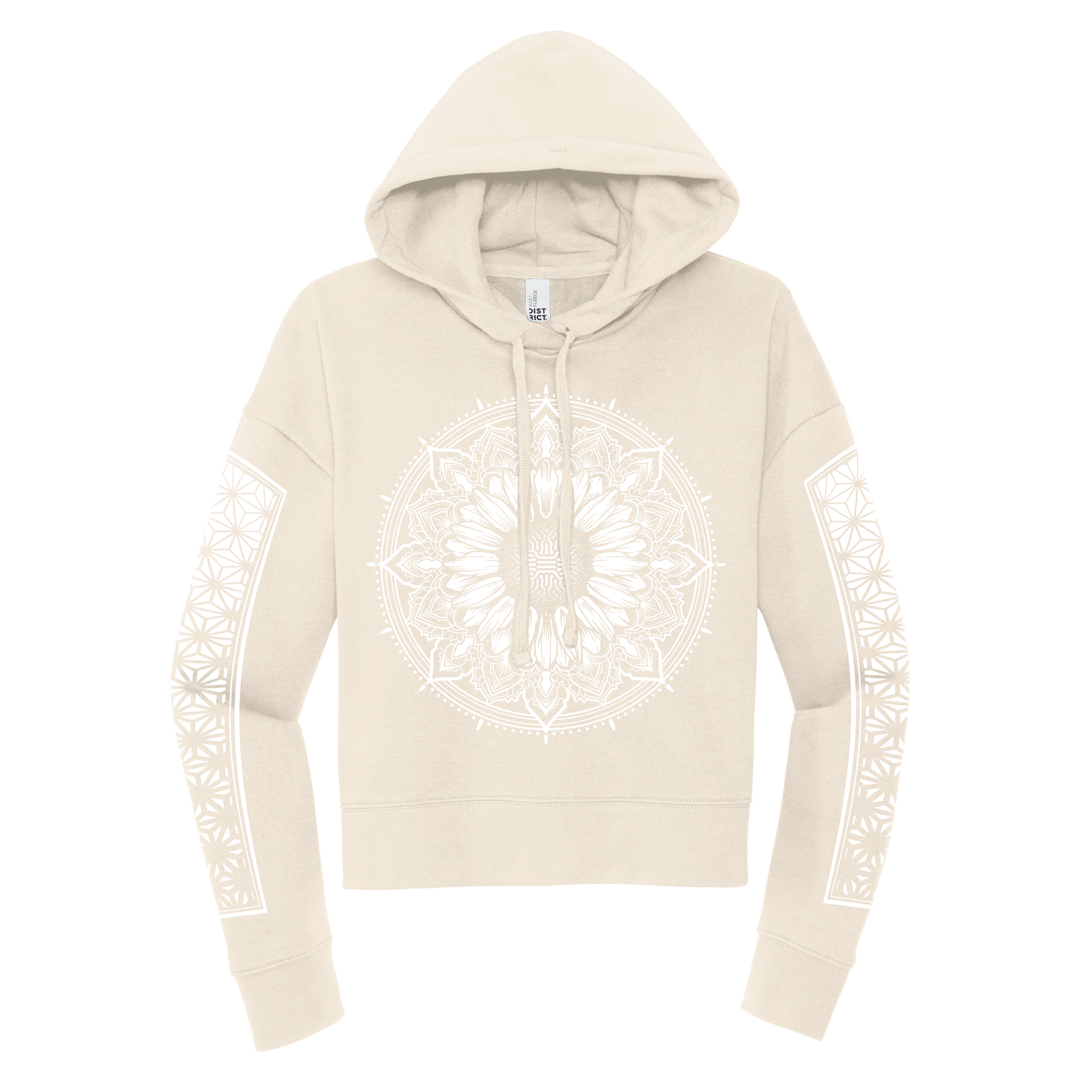 Sunflower crop hoodie in tan and white for women by First Earth – floral rave crop top with bold sunflower print, breathable fabric for festival layering 