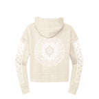 Sunflower crop hoodie in tan and white for women by First Earth – floral rave crop top with bold sunflower print, breathable fabric for festival layering 