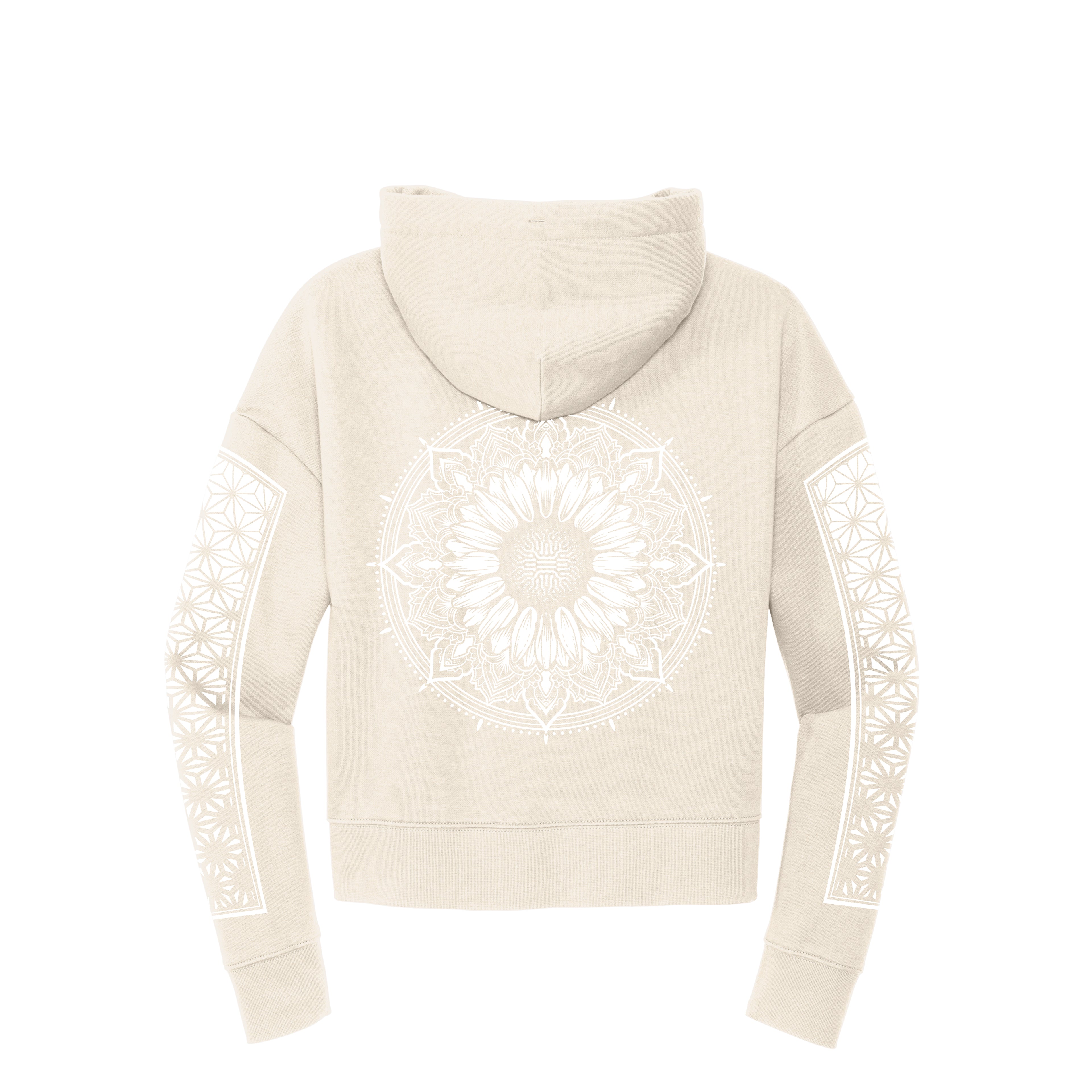 Sunflower crop hoodie in tan and white for women by First Earth – floral rave crop top with bold sunflower print, breathable fabric for festival layering 
